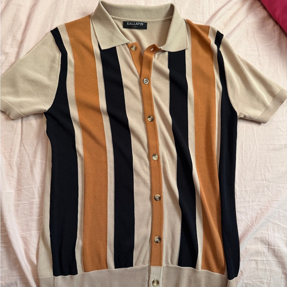 Amazon Men's Casual Striped Button Down Shirt - Black, Brown, Cream - Picture 2 of 4